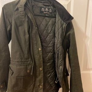 Green Barbour Hooded Wax Canvas Jacket, SZ 8